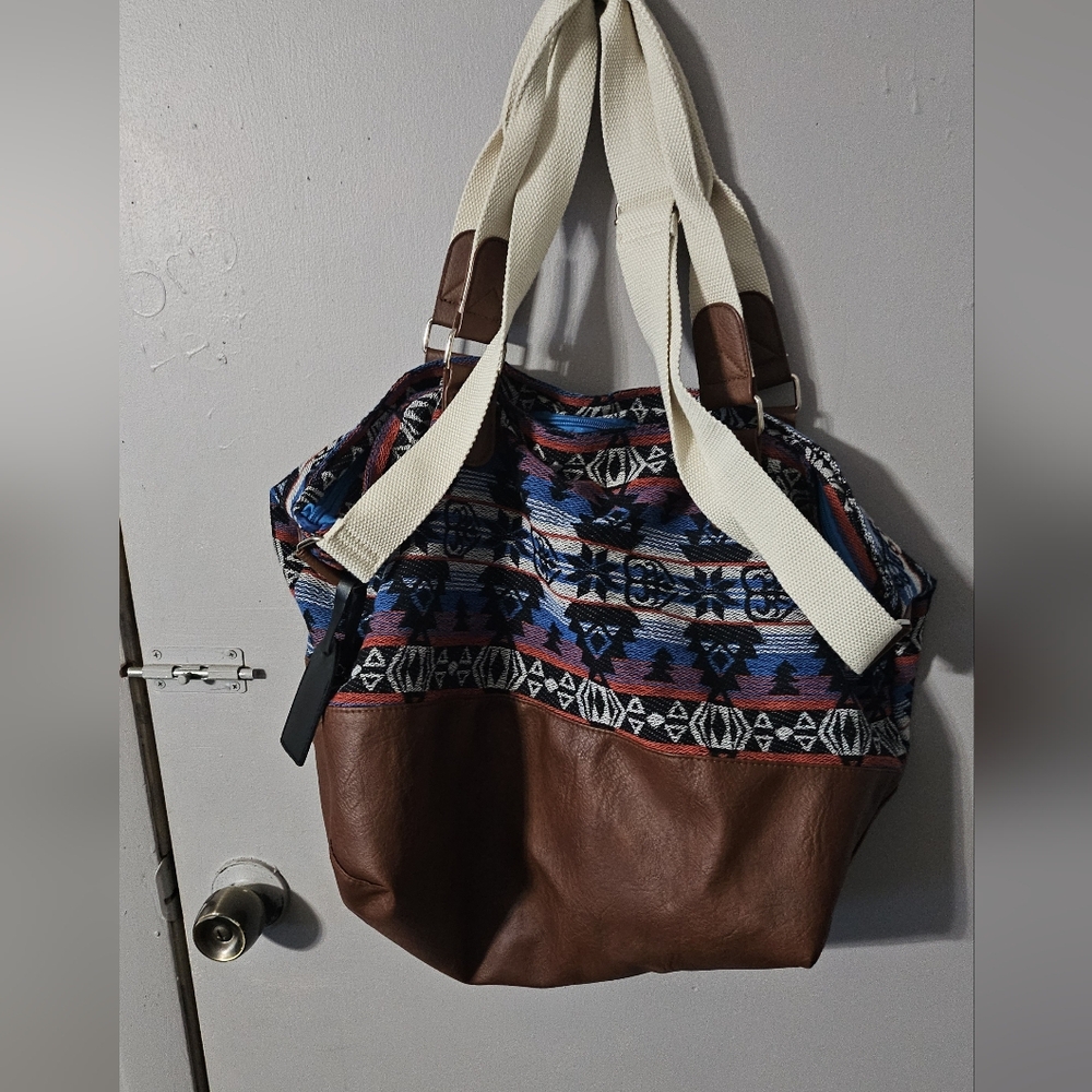 Aztec design weekender with faux leather bottom